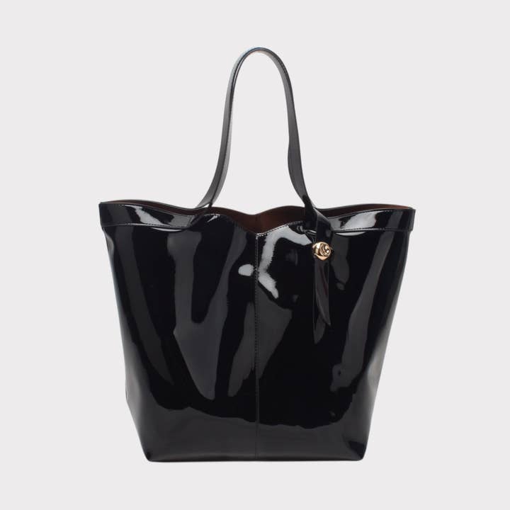 Classic tote bag with decorative accessory, patent effect for wholesale by BESTINI