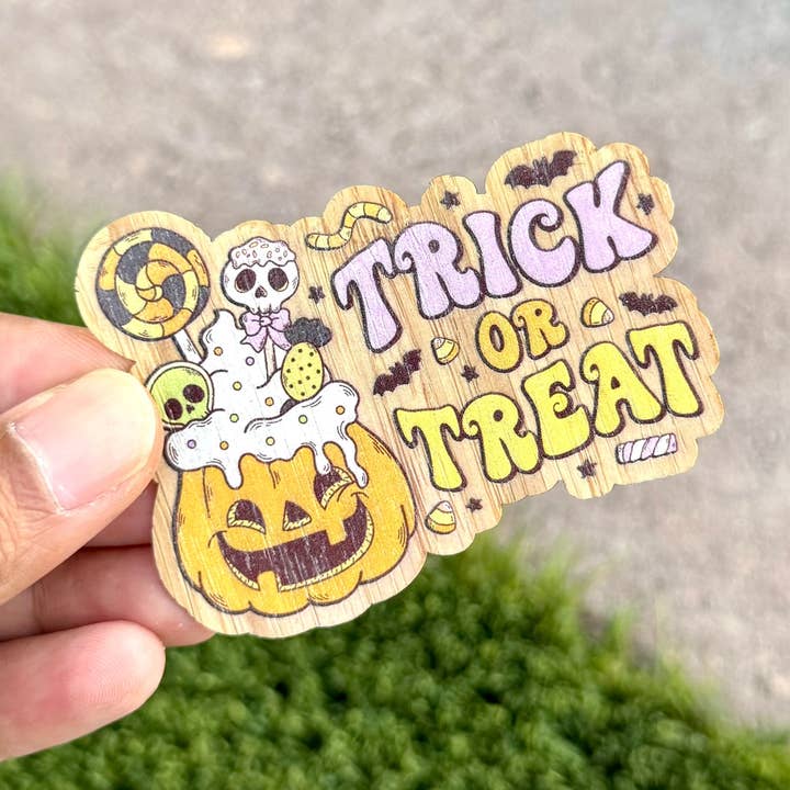 "Trick or Treat" Bamboo Wood Sticker, Made in Las Vegas for wholesale by AFK Design Co