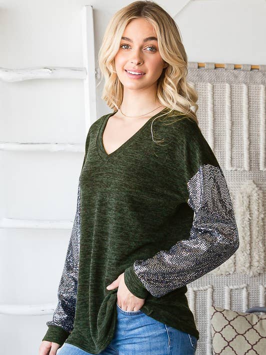 ET6828-11 PUFF SLEEVE SOLID AND SEQUINS TOP for wholesale by HEIMISH