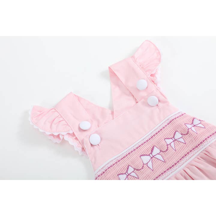 Lil Cactus - Wholesale Bodysuit (Non-Footed) - Baby - Pink and White bows Smocked Ruffle Romper