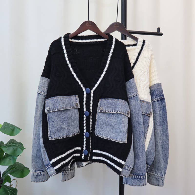 Productseeker - Wholesale Cardigan - Women's - JP26 2025 Autumn Denim Patchwork Knit Cardigan Jacket6