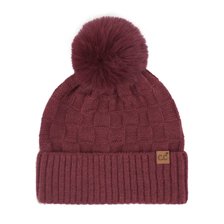 C.C Beanie - Wholesale Beanie - Women's - Woven Checkered Texture Pom C.C Beanie HTC0094