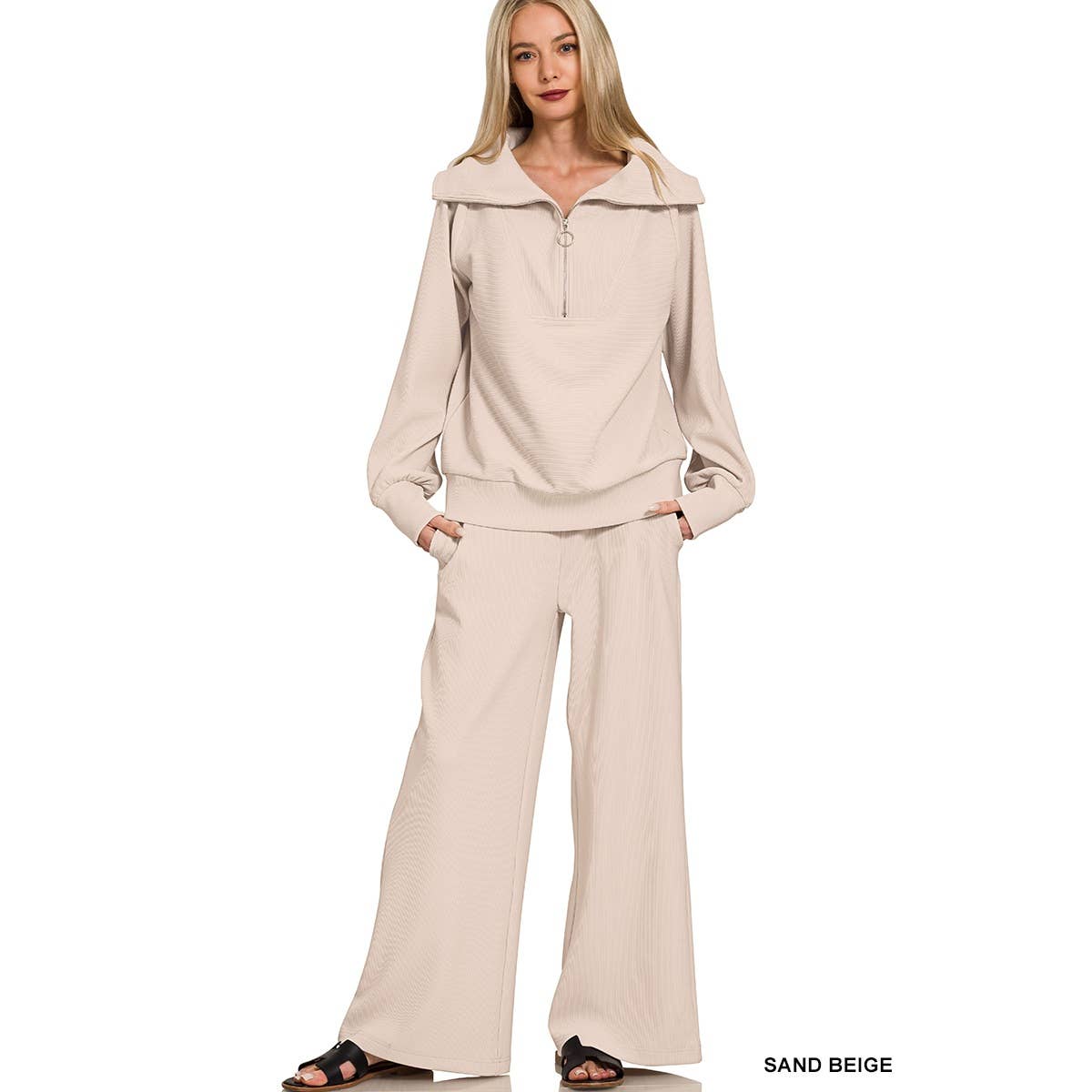HiteJeans - Wholesale Lounge Set - Women's - Ribbed high neck half zip pullover pants set16