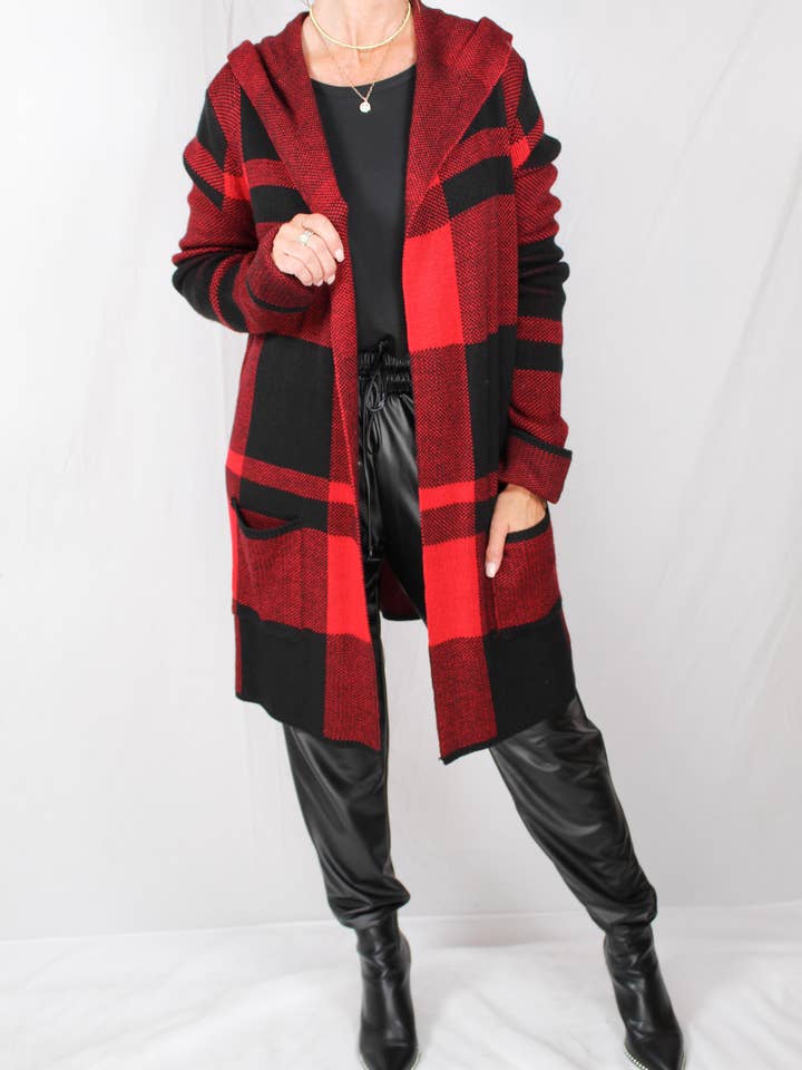 HZ5570-R - Cardigan à carreaux à capuchon rouge combiné A1648 pour la vente par K & C Clothing, Inc.
