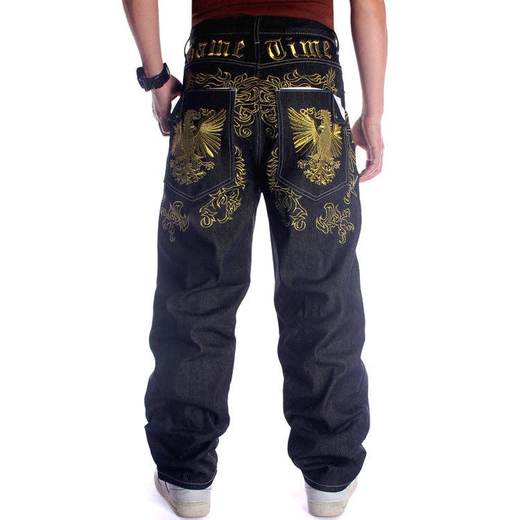 Black Straight Leg Embroidered Denim Pants Trendy Casual Hip Hop for wholesale on Faire0