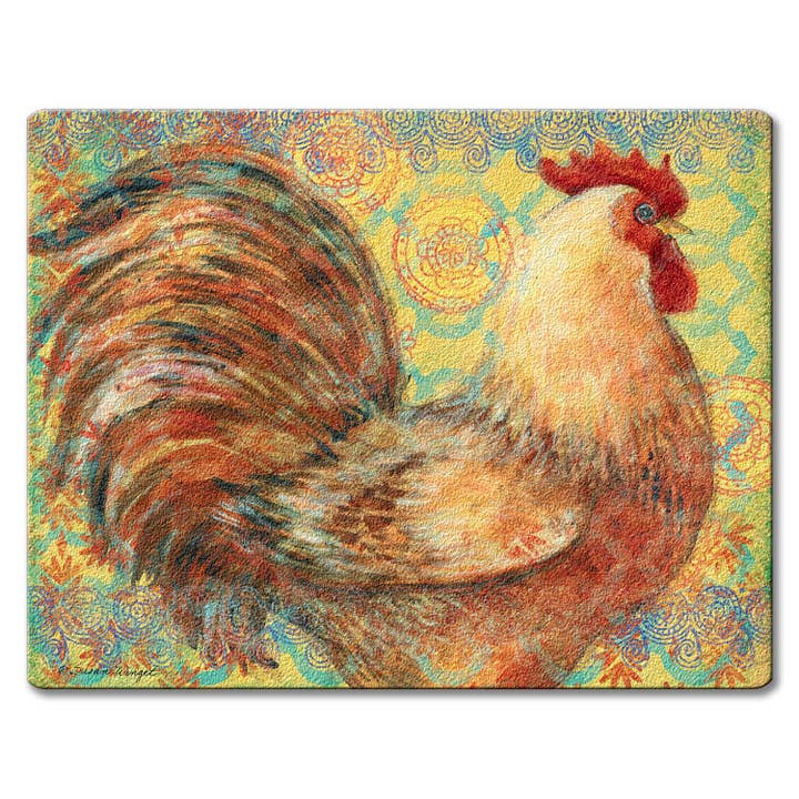 "Fancy Rooster" 3mm Glass Cutting Board 10" x 8" for wholesale by Conimar Promotions