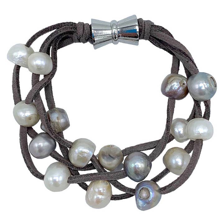 603-09-07 | GRAY SUEDE 4-STRAND MULTI PEARL BRACELET for wholesale by Girl With A Pearl