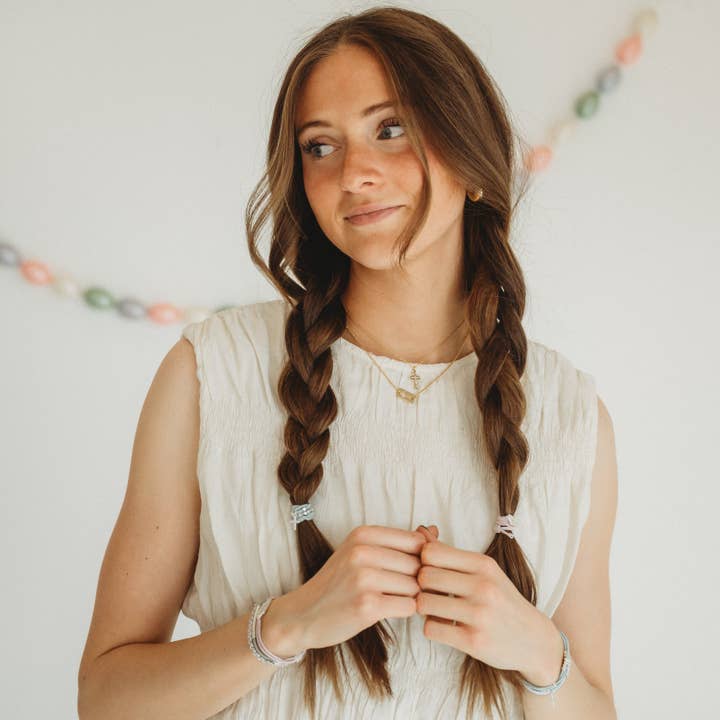 K'lani hair tie bracelets - Wholesale Jewelry Set - "Praise" Silver Cross with muted Pastels Hair Tie Bracelets3