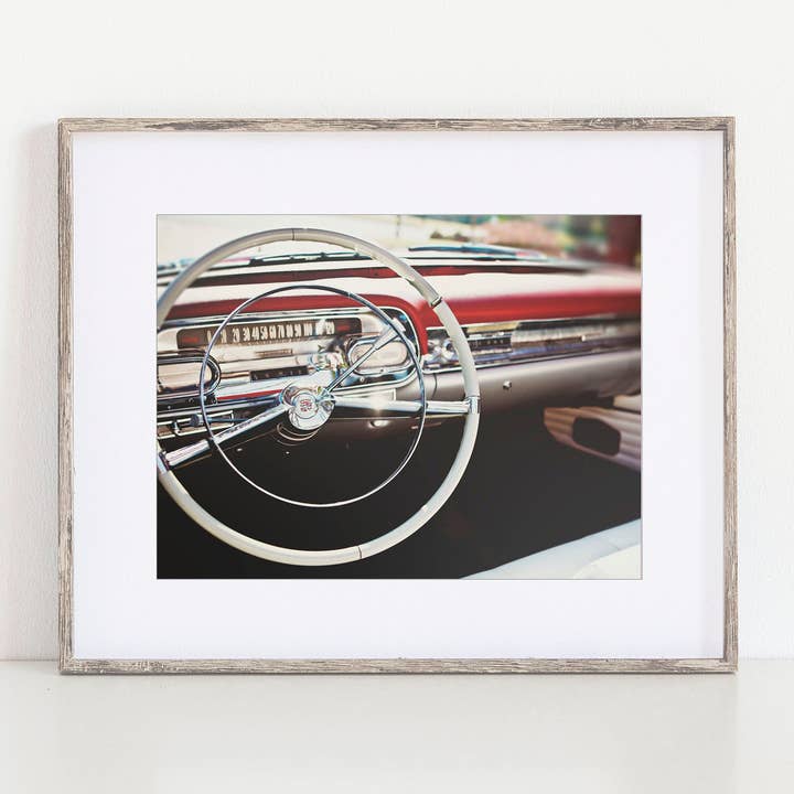 Mid-Century Cadillac Dashboard Wall Art Print | Red Car Art for wholesale by Lisa Russo Fine Art