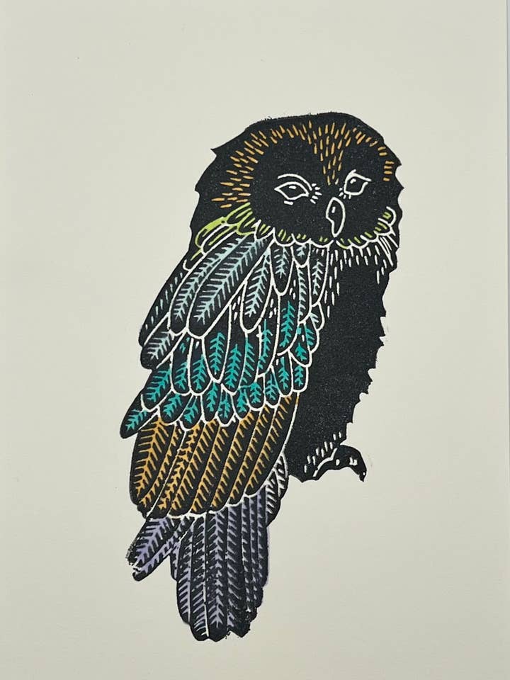 Carte Hibou Tamponnée à la Main – N&B, Multicolore, Papier Kraft pour la vente par The Pressed Card