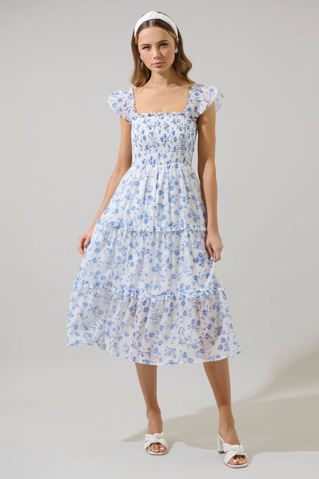 WHITE BLUE Wren Floral Bayshore Smocked Midi Dress for wholesale on Faire0