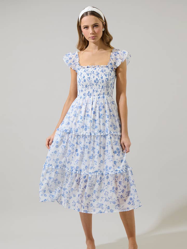 WHITE BLUE Wren Floral Bayshore Smocked Midi Dress for wholesale on Faire0