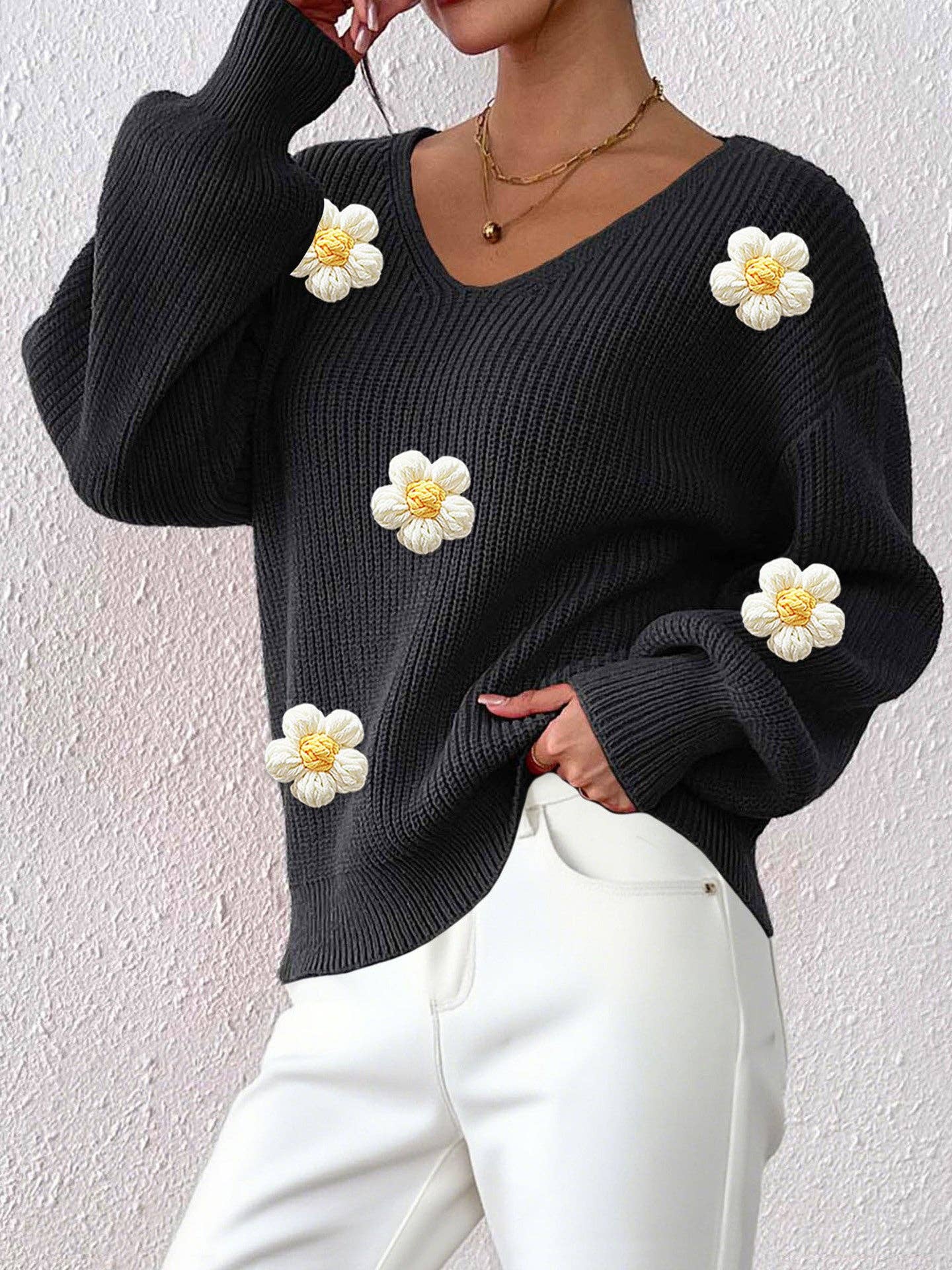 Masyal - Wholesale Knit Sweater - Women's - Women's Pullover Sweater with 3D Floral Embroidery7
