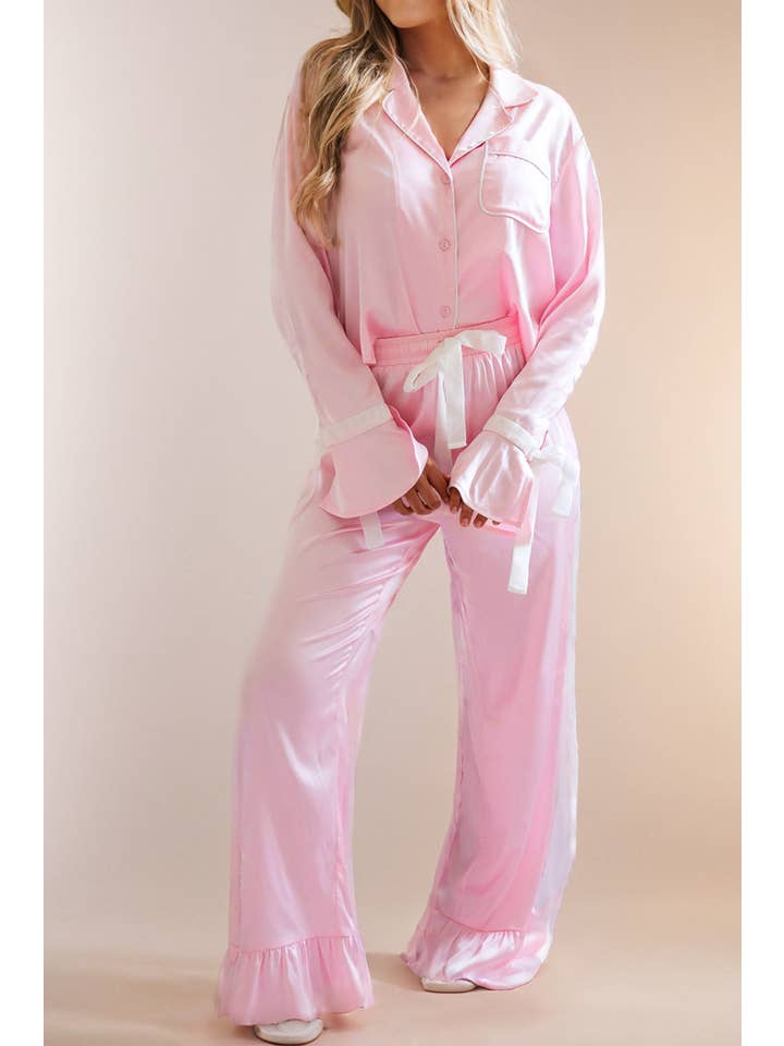 Pink Satin Knot Accent Shirt and Ruffled Pants Lounge Set for wholesale on Faire