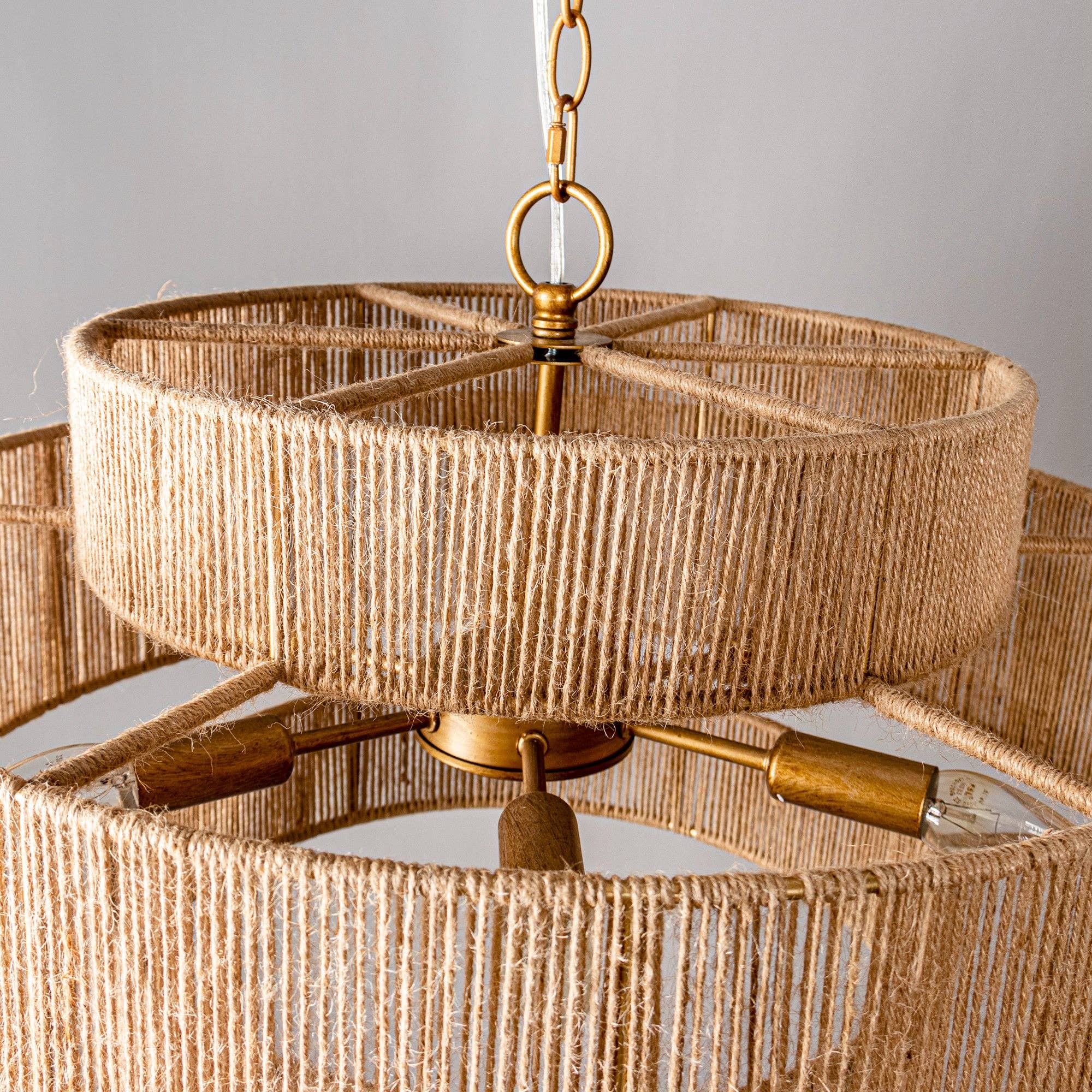 Brio Lighting - Wholesale Chandelier/Hanging Light - Farmhouse Chandelier 24" Gold Metal + Jute 2-Tiered 6-Light5