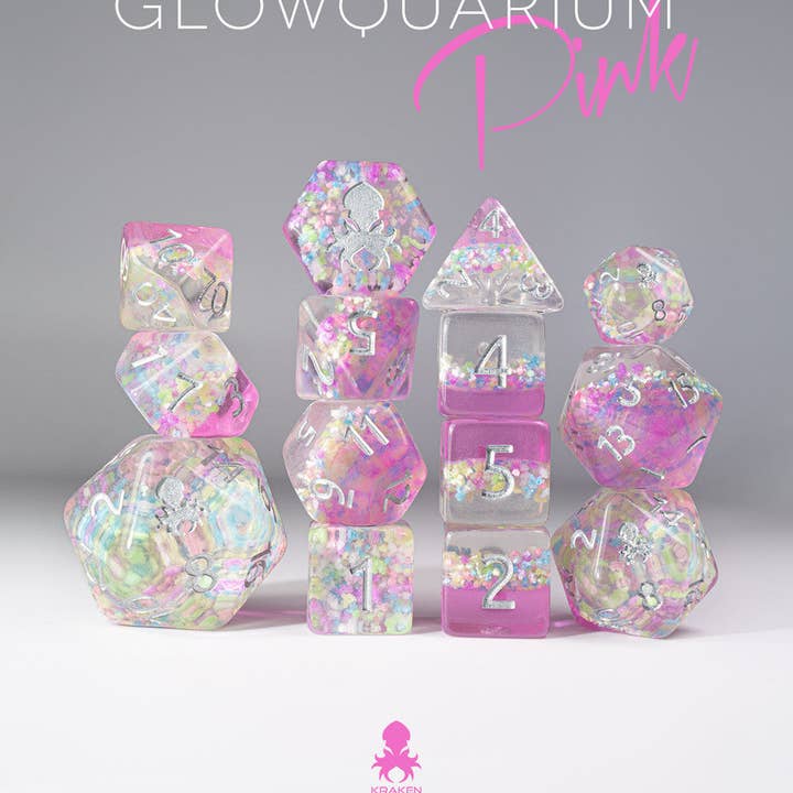 Glowquarium Pink 14pc Polyhedral Dice set with Glow in the Dark Particles for wholesale by Kraken Dice