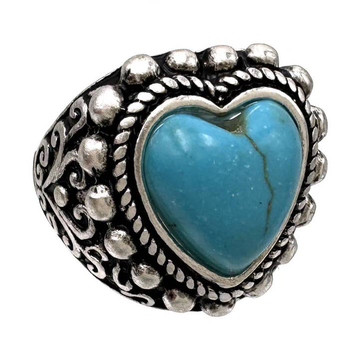 Lunar Deer - Wholesale Cocktail/Statement Ring - Turquoise Heart Silver Stretch Ring0