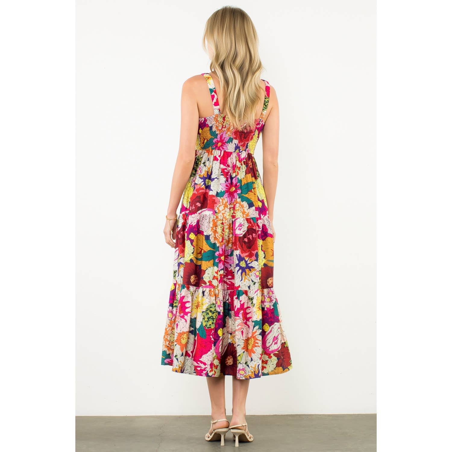 FUSCHIA Floral Strap Tiered Maxi Dress for wholesale on Faire4