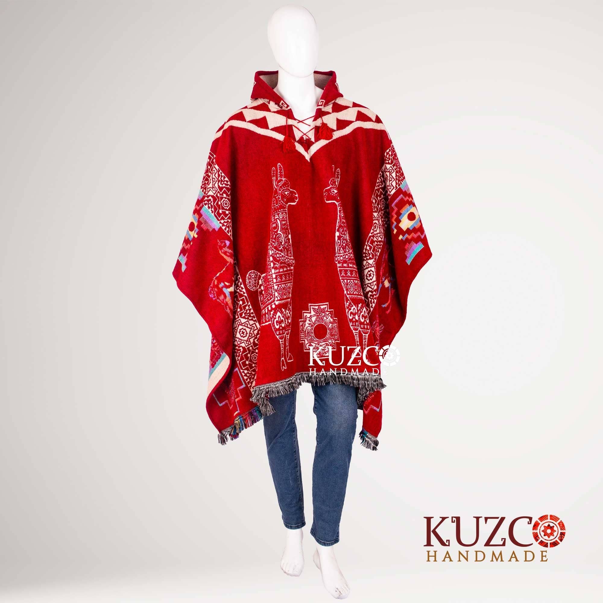 KuzcoHandmade - Wholesale Poncho - Unisex - Unisex Tribal Wool Alpaca Poncho with Geometric Hood2