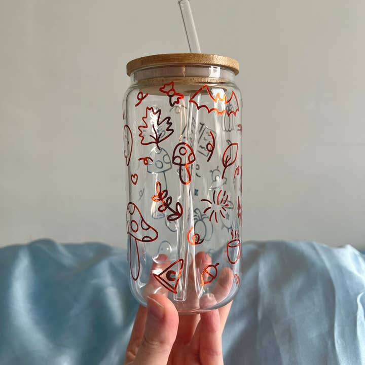 Poppodopolis – wholesale Drinking glass/cup – Autumn Doodles Can Cup1