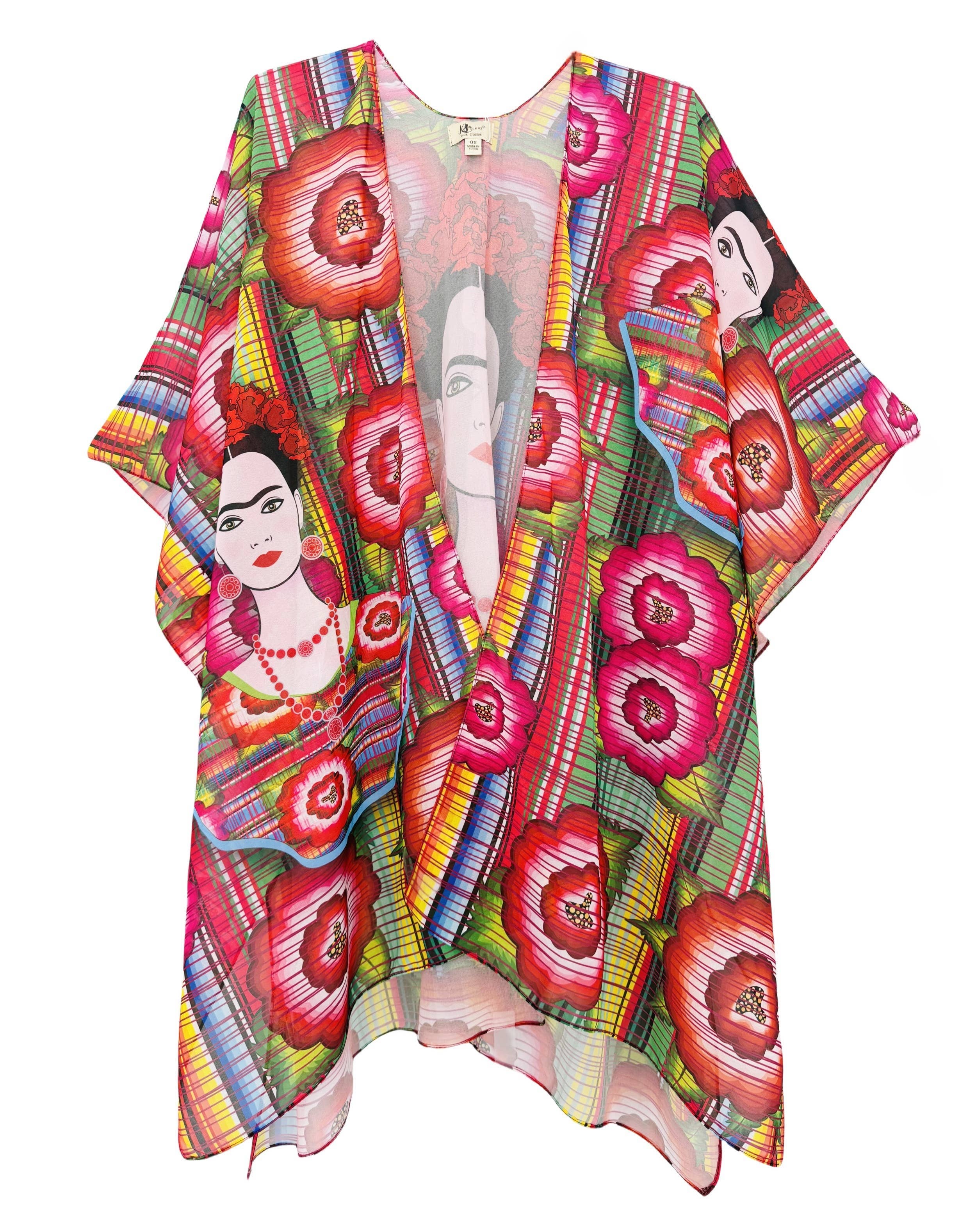 JC Sunny Fashion - Vente Kimono – femme - Kimono/Cache-maillot ouvert à l'avant, coloré et bohème inspiré de Frida1