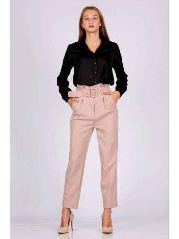 Byxor med hög midja och skärp i puderrosa för wholesale av Mani Textile