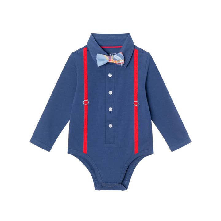 Marina Militare Set Shirtzie® con bretelle per neonato e pantaloni in spugna di jeans sintetico in 2 pezzi | Navy in vendita all'ingrosso su Faire