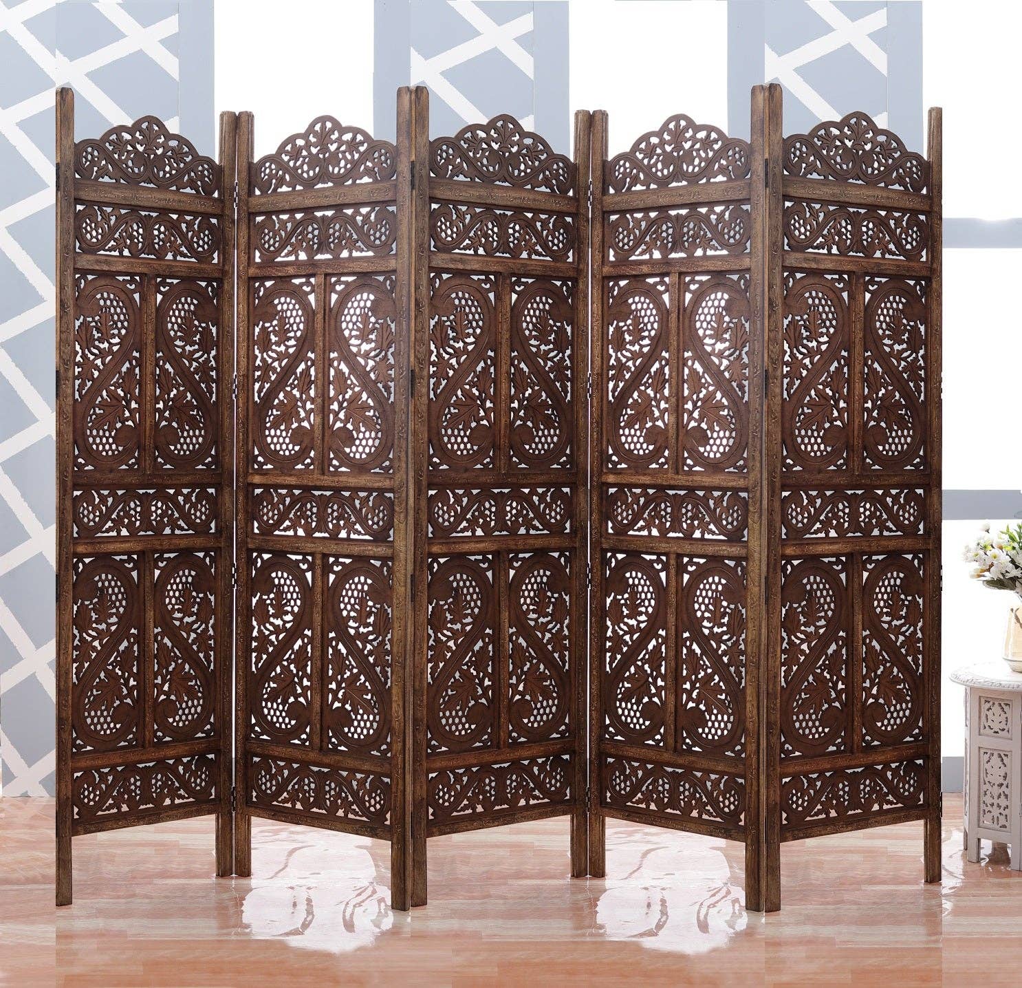 iAnanas - Wholesale Room Divider - Mango Wood Room Divider - 5 Panel Floral Handmade Screen, Privacy Screen & Decoration for Living Room, Bedroom, Balcony & Office - Brown (254x3x180 cm)1