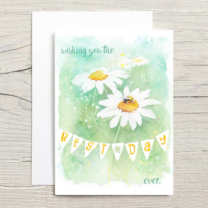 Carte "Meilleur jour de tous" avec des marguerites et des abeilles pour la vente par Christy Obalek Illustration