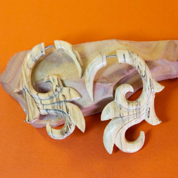 Ajmer by Jodi - Wholesale Dangle Earrings - Wood Fleur de Lis Faux Gauges ~ Fake gauged, carved wood4