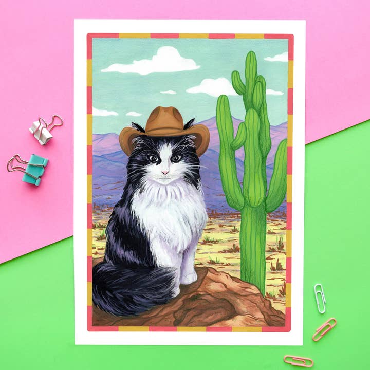 Cowboy Cat Art Print | cat in hat, silly cat, cowboy, desert for wholesale by Emily Peet Illustration