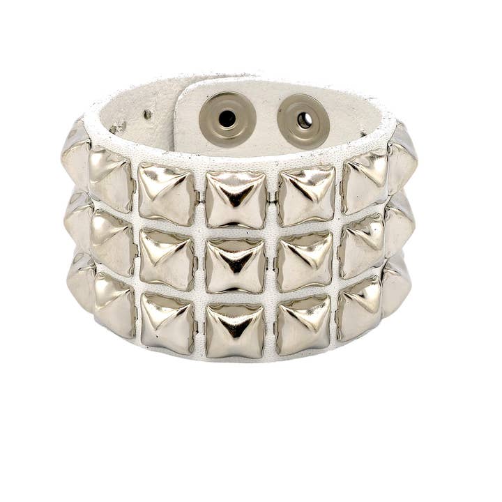 WHITE GENUINE LEATHER STUDDED SNAP BRACELET for wholesale by Funk Plus