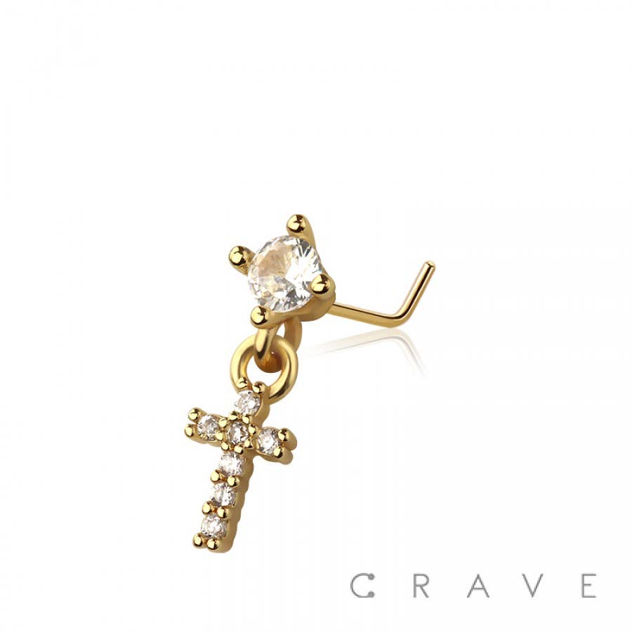 CRAVE - Wholesale Nose Ring - CZ CROSS DANGLE CZ 316L SURGICAL STEEL L-SHAPE NOSE RING0