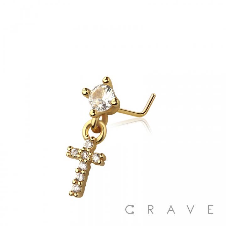 CRAVE - Wholesale Nose Ring - CZ CROSS DANGLE CZ 316L SURGICAL STEEL L-SHAPE NOSE RING