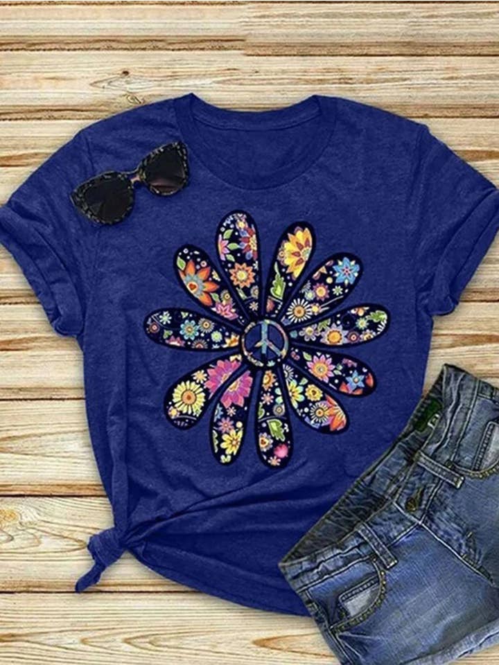Tourtiwi - Wholesale Screen Printed T-Shirt - Women's - Floral Printed Short-sleeved Round Neck T-shirt