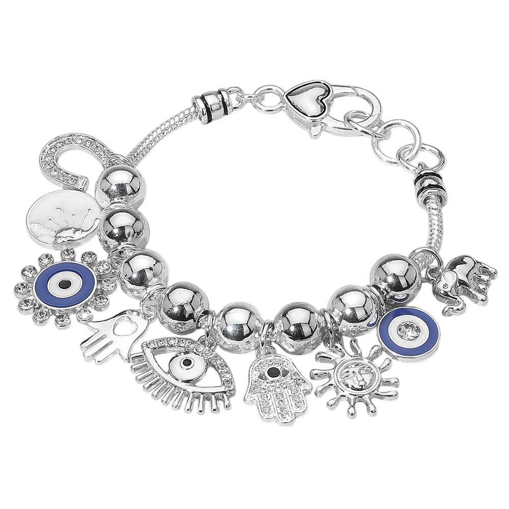 Sensibling Corp. - Vendita all'ingrosso Braccialetto con ciondolo/pendente - Braccialetto con ciondoli a forma di occhio malvagio, mano di Hamsa, elefante, sole, ferro di cavallo e perline.3