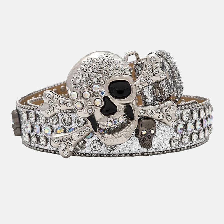 Silberner glänzender Riemen mit Totenkopfschnalle und Strassgürtel mit Kristallnieten für den Großhandel von Rhinestone Belt Store