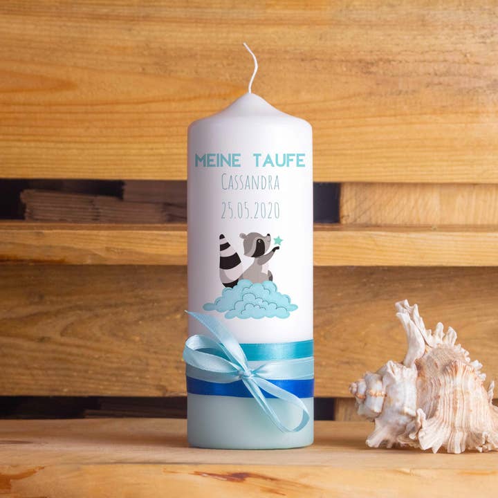 Christening candle | raccoon | 15-30 cm height | personalized for wholesale by Die Kerzenwerkstatt