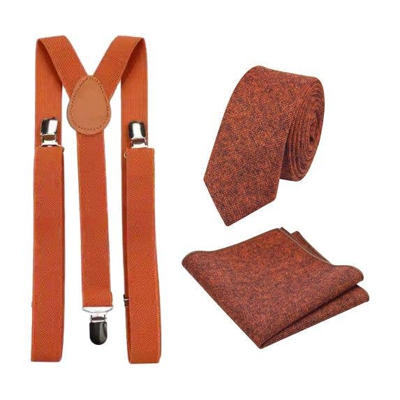 Charlie Rusty Burnt Orange Wool Tie, Pocket Square and Burnt Orange Braces Set for wholesale by Dickie Bow