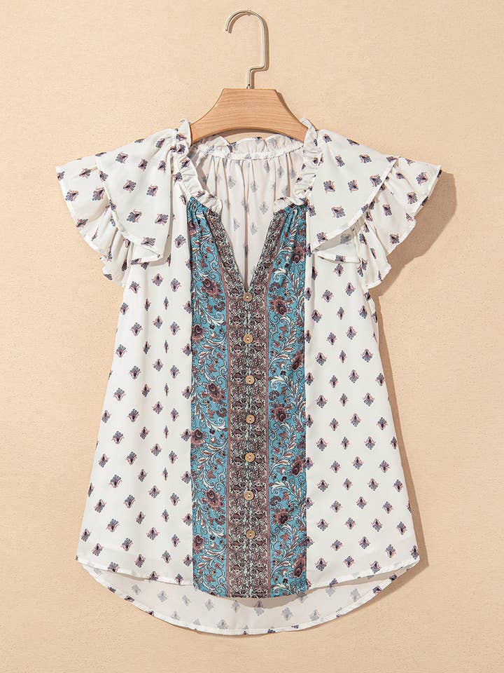 White Boho Pattern Tiered Ruffled Sleeve V Neck Buttoned Blouse for wholesale on Faire