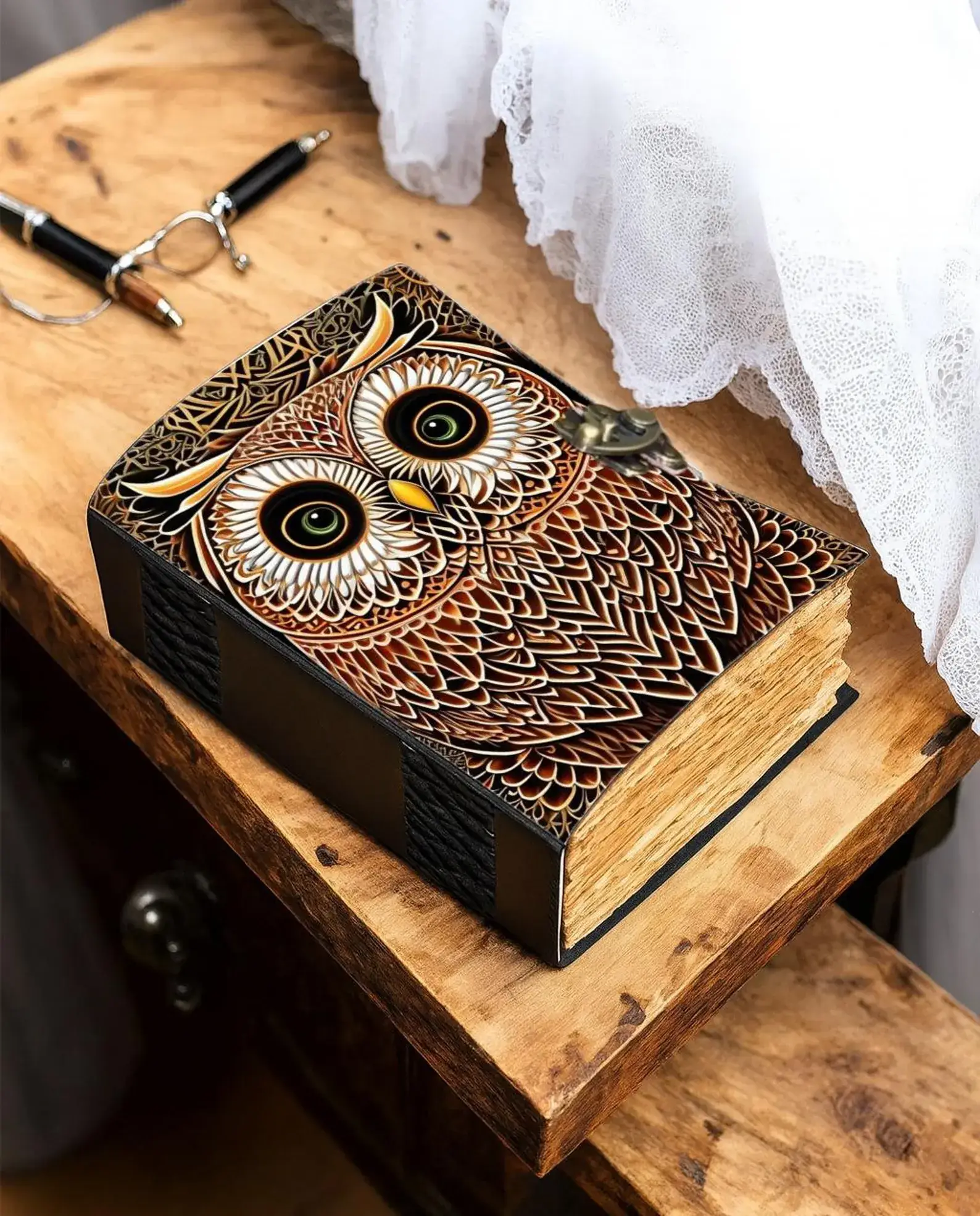 MNM HANDICRAFTS – wholesale Journal och dagbok – Uggla Läderjournal med Måndesign Handgjord Grimoire1