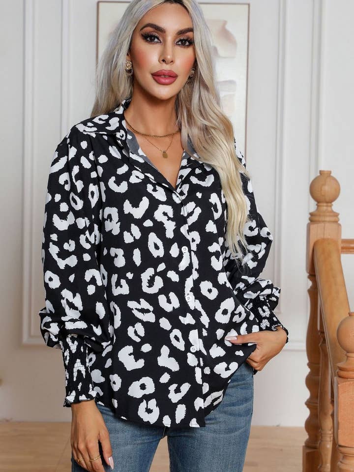 Black CWTBLL0701_Button Down Casual Long Sleeve Print Top for wholesale on Faire1