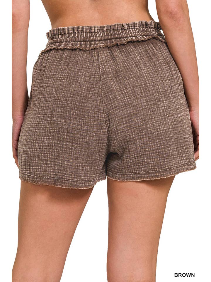 Vanilla Monkey - Wholesale Shorts - Women's - Washed Double Gauze Frayed Hem Drawstring Shorts