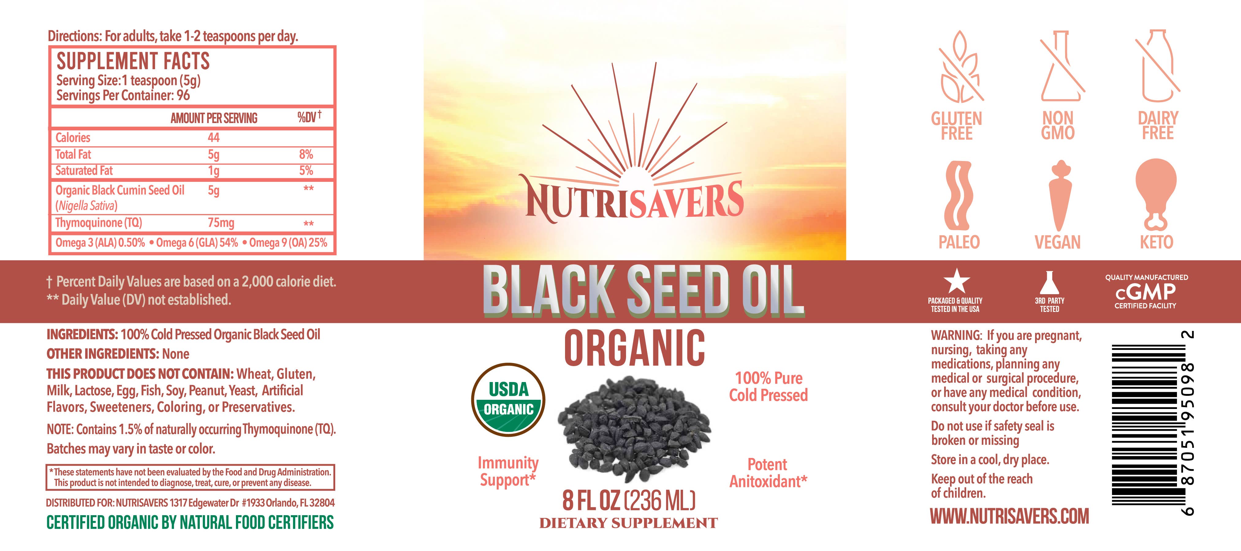 California Essentials - Wholesale Oral Supplement/Vitamin - NUTRISAVERS CERTIFIED USDA BLACK SEED OIL LIQUID-MULTI SIZES2