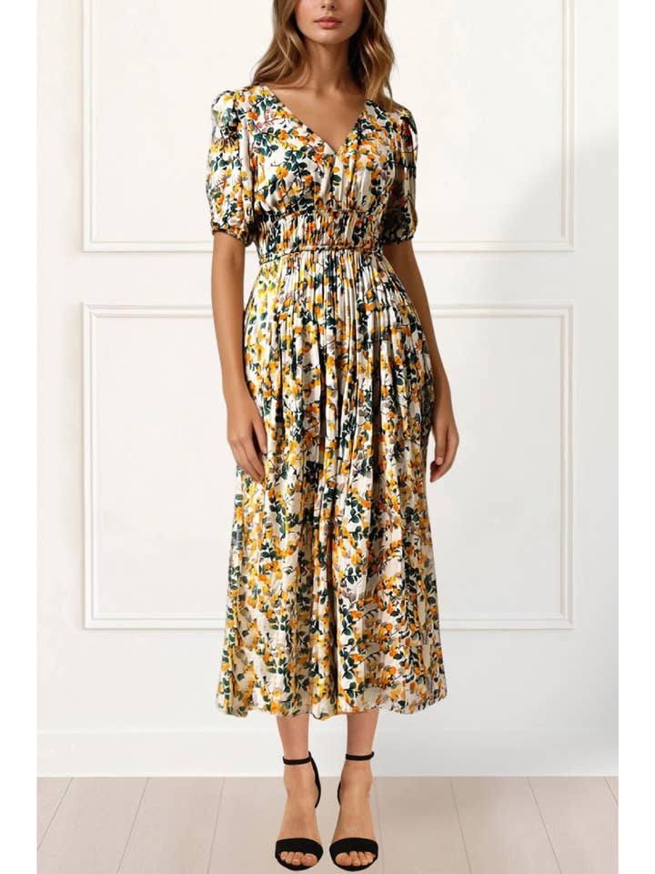 Beige Sophie Maxi Dress Fit & Flare Citrus Print for wholesale on Faire