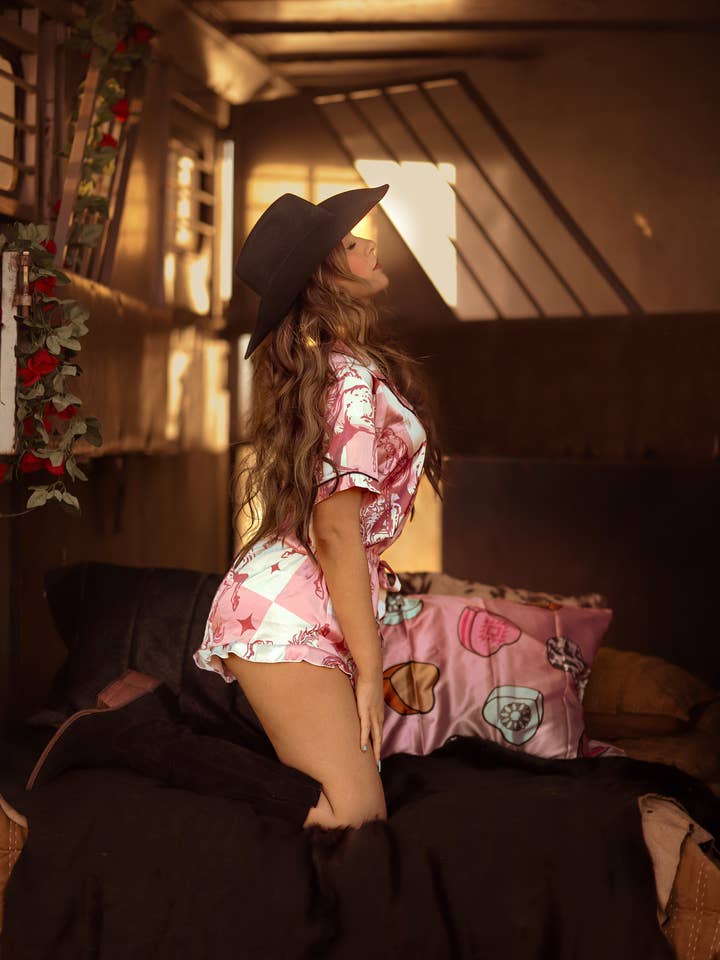 Southern Essentials by Ashley LLC - Wholesale Sleepwear Set - Women's - Pink Checkered Bronc Rider Silky Short Pajama Set2