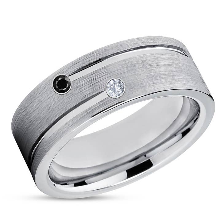 Tungsten Wedding Band - Silver Tungsten Ring - White Diamond Ring - Black Diamond Ring for wholesale by Lucky Love Rings