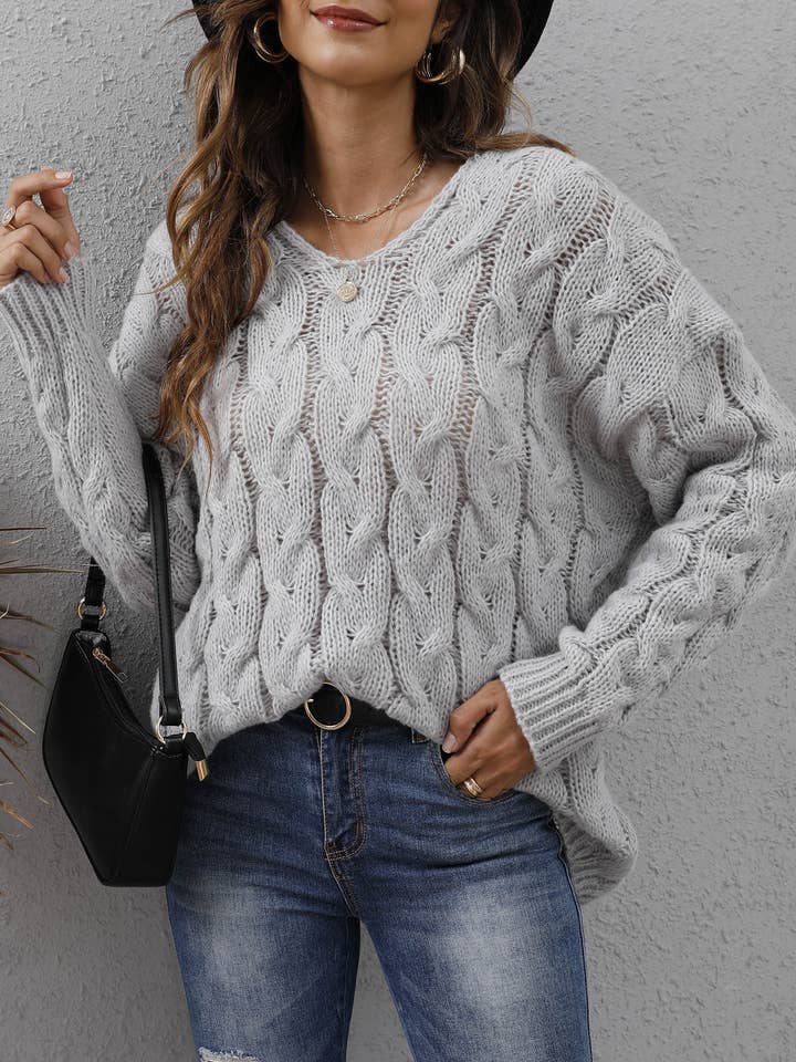 Stylish Twist V-Neck Hooded Loose Knit Sweater for wholesale by Rosa Clothing