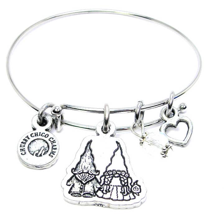 Yard gnomes in love bride and groom Bangle Bracelet for wholesale by Chubby Chico Charms