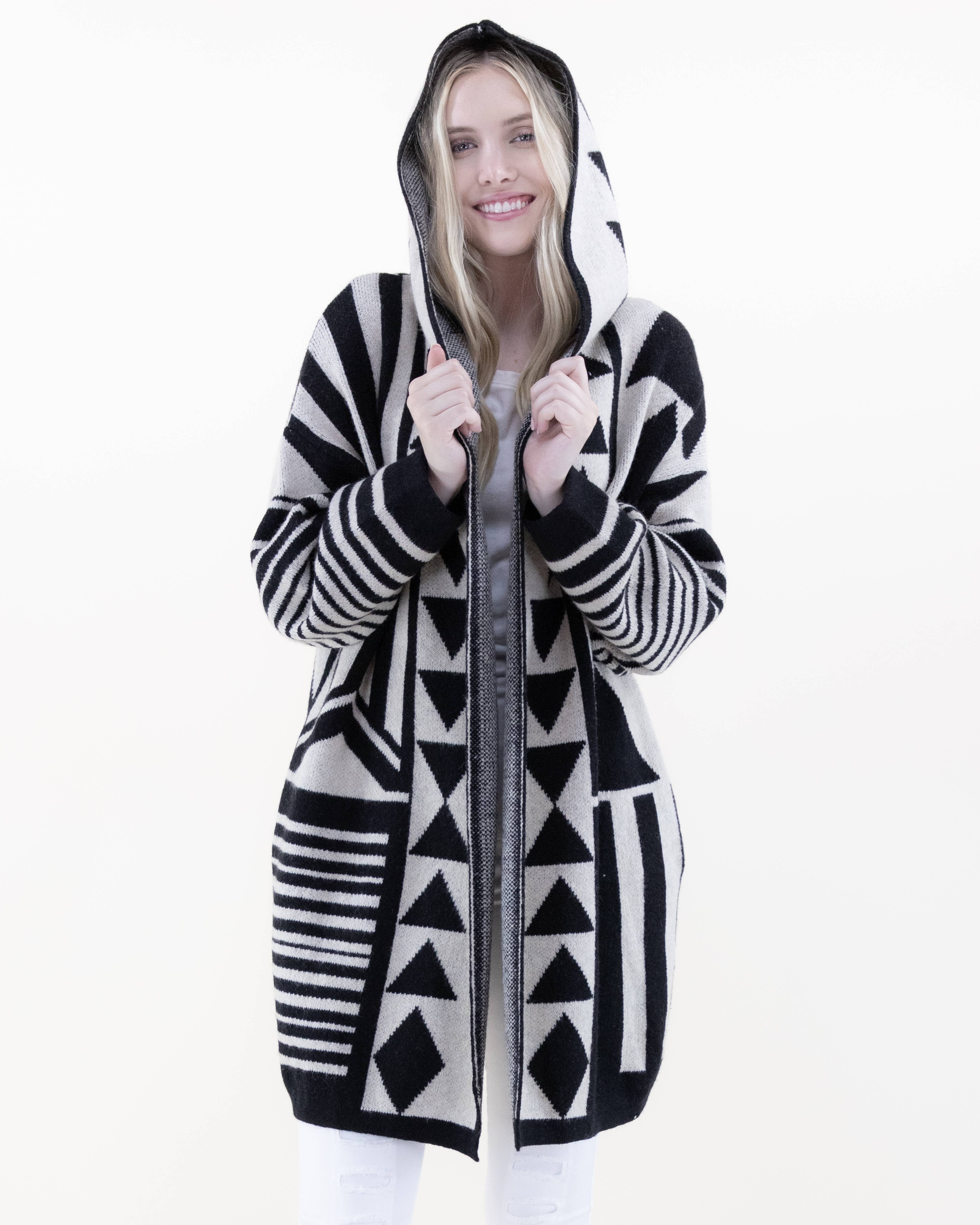 Original USA - Wholesale Cardigan - Women's - Comfy & Oversized Geometric Hooded Cardigan0